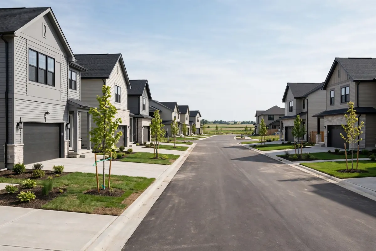 Newer development street with modern homes in Bettendorf, IA