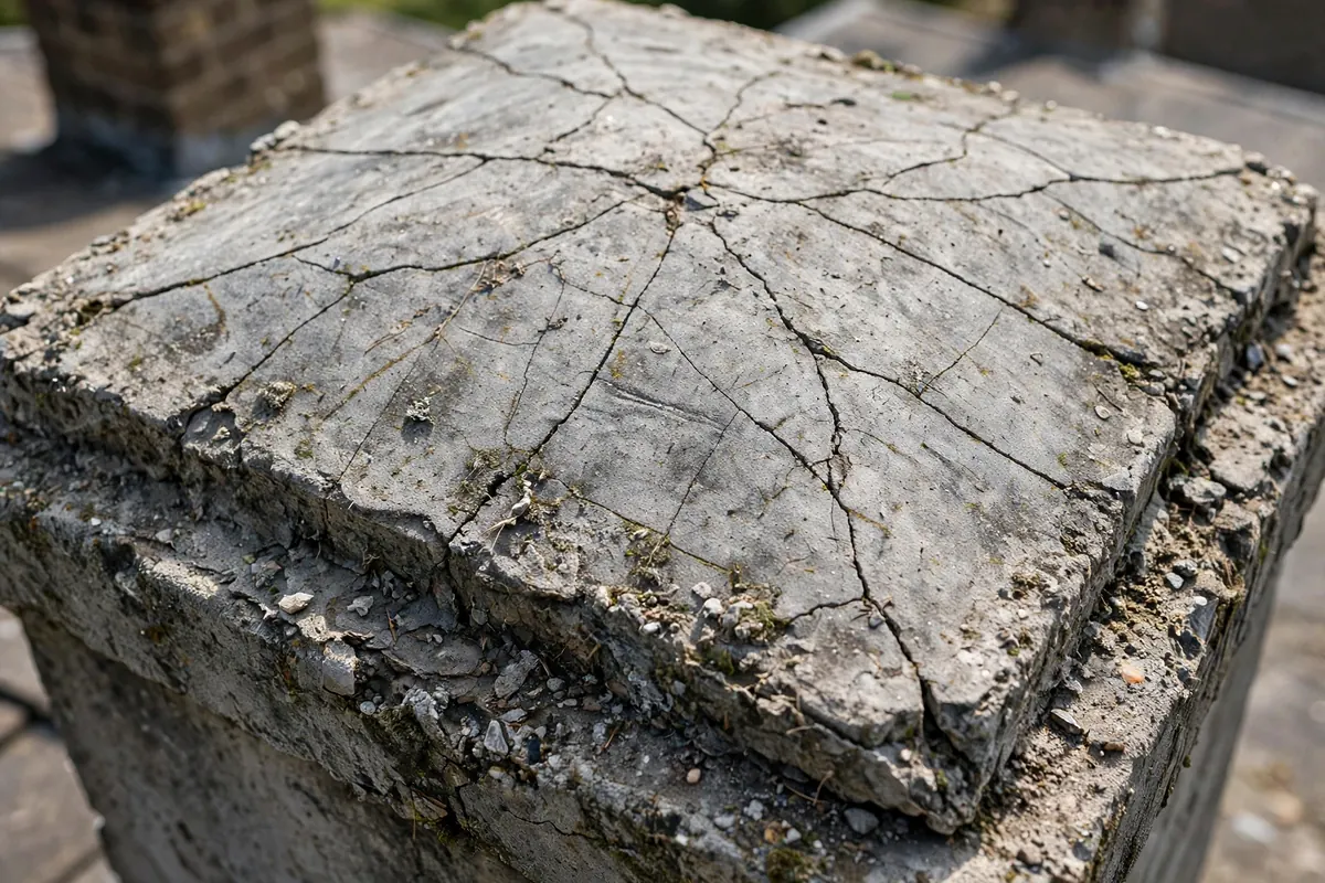 Close-up of a cracked chimney crown found during a chimney inspection in Bettendorf, IA