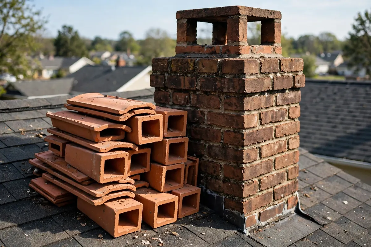 Clay flue tiles stacked beside a chimney in Bettendorf, IA