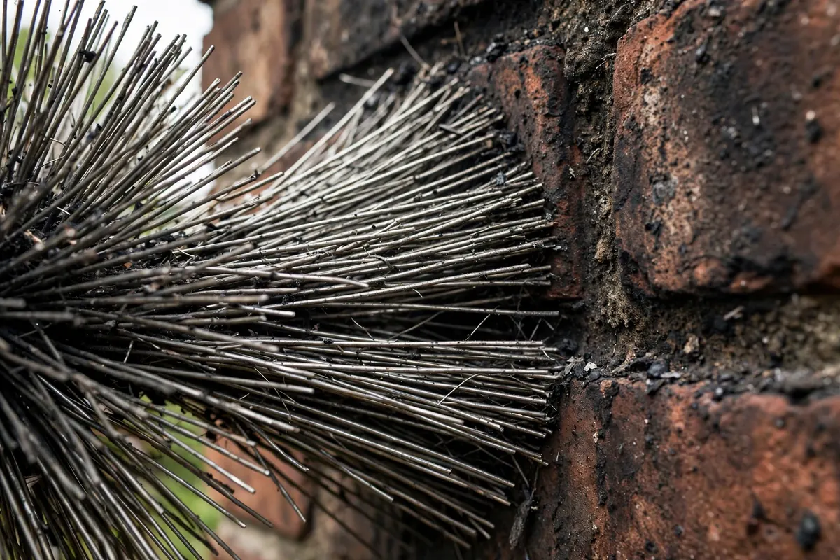 Chimney brush bristles against brick during a chimney sweeping in Bettendorf, IA